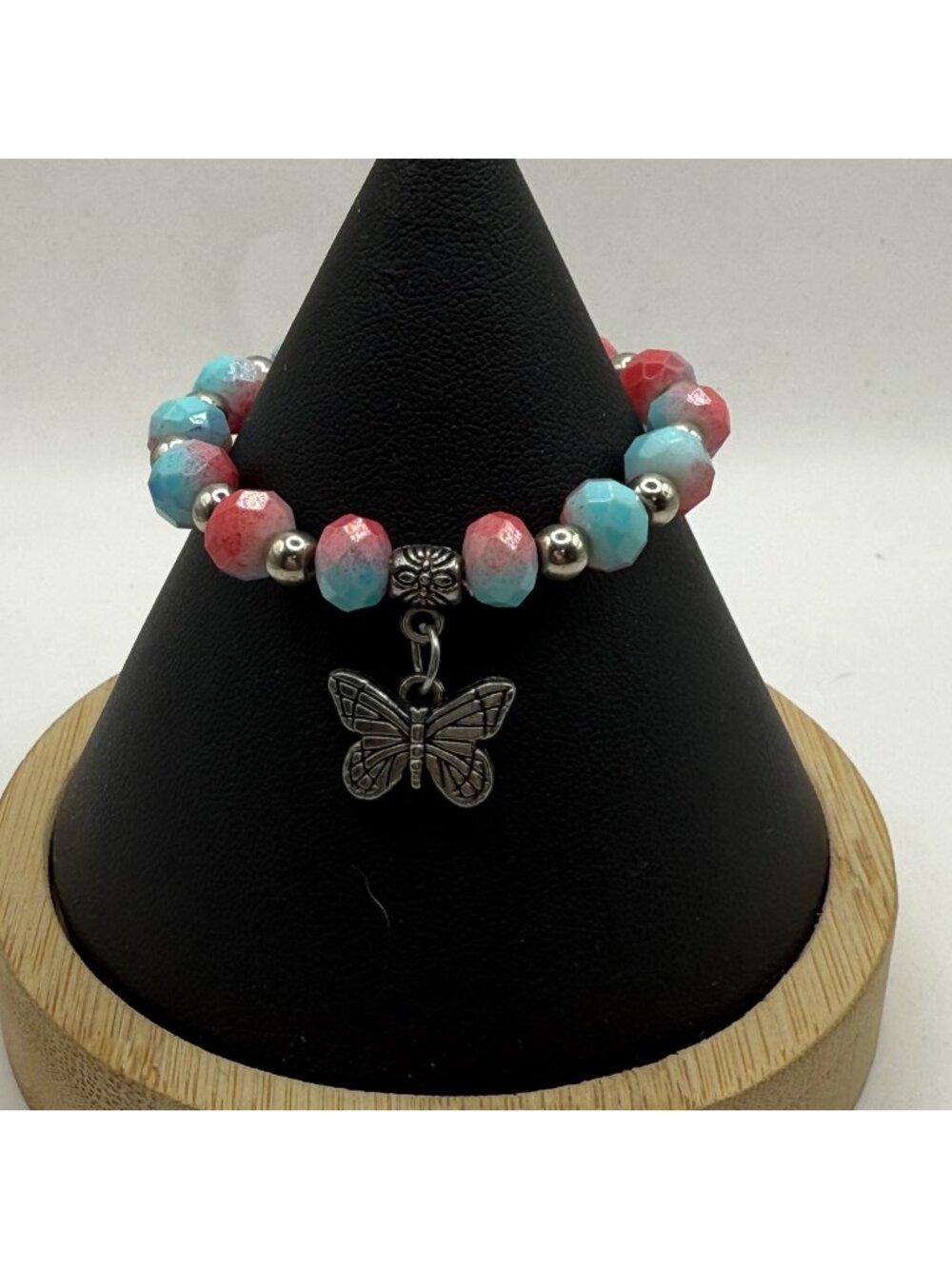 Y2K Aesthetic Pink Blue Ombre Beaded Butterfly Charm Stretch Bracelet Cottagecor